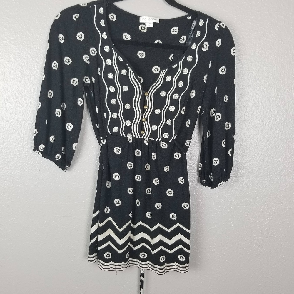 Monsoon Empire Black/Beige 3/4 Sleeve Tunic Size 4